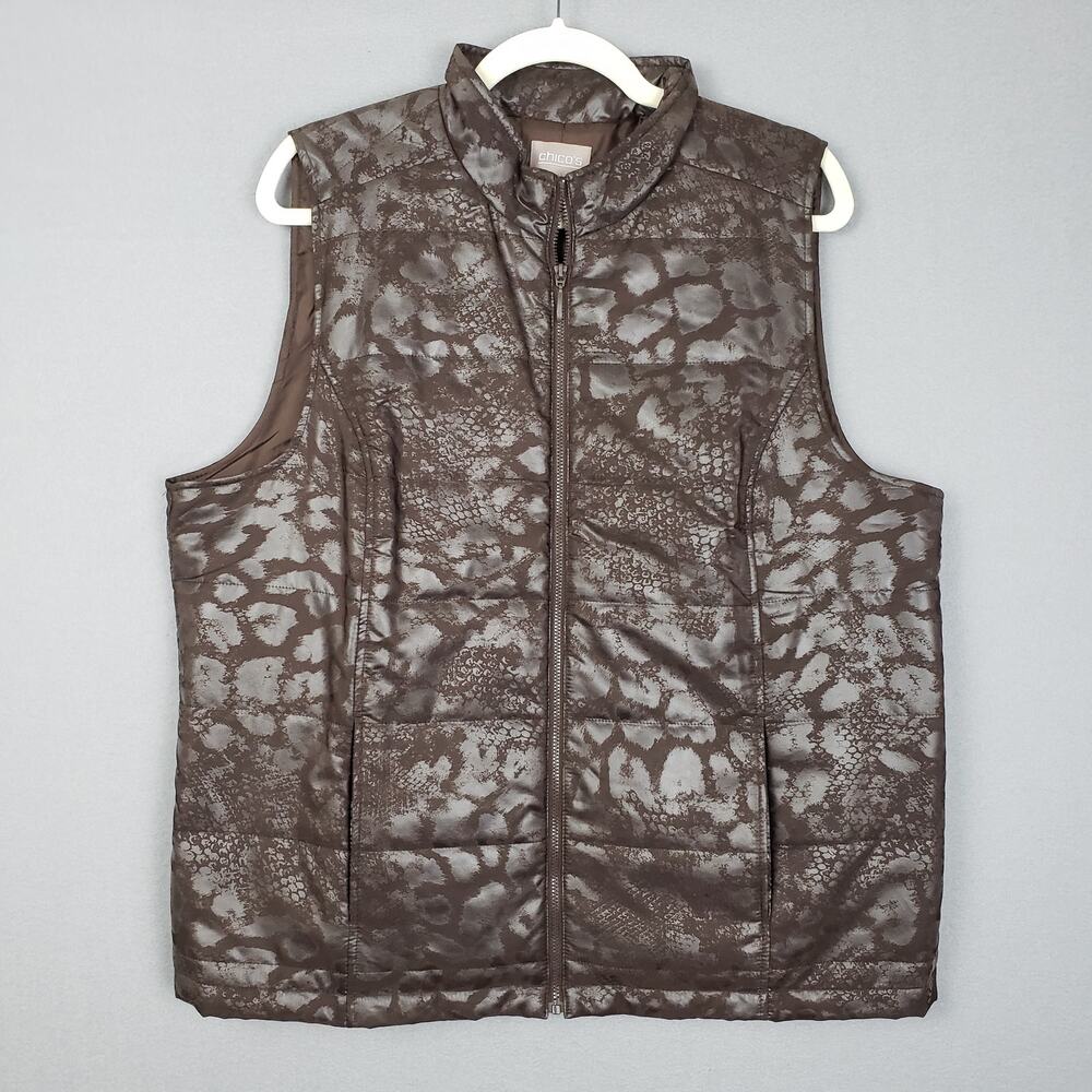 Chicos Size XL Quilted Mixed Animal Print Puffer Vest Brown Fall Winter Layering